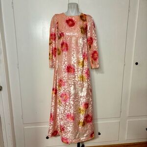 Vintage 70s Pink Velvet Hawaiian Hibiscus Flower Empire Long Sleeve Maxi Dress
